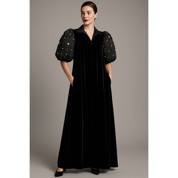 Vintage David Brown x Saks Velvet Maxi Gown Black Satin Puff Sleeves L USA Opera - Picture 1 of 13